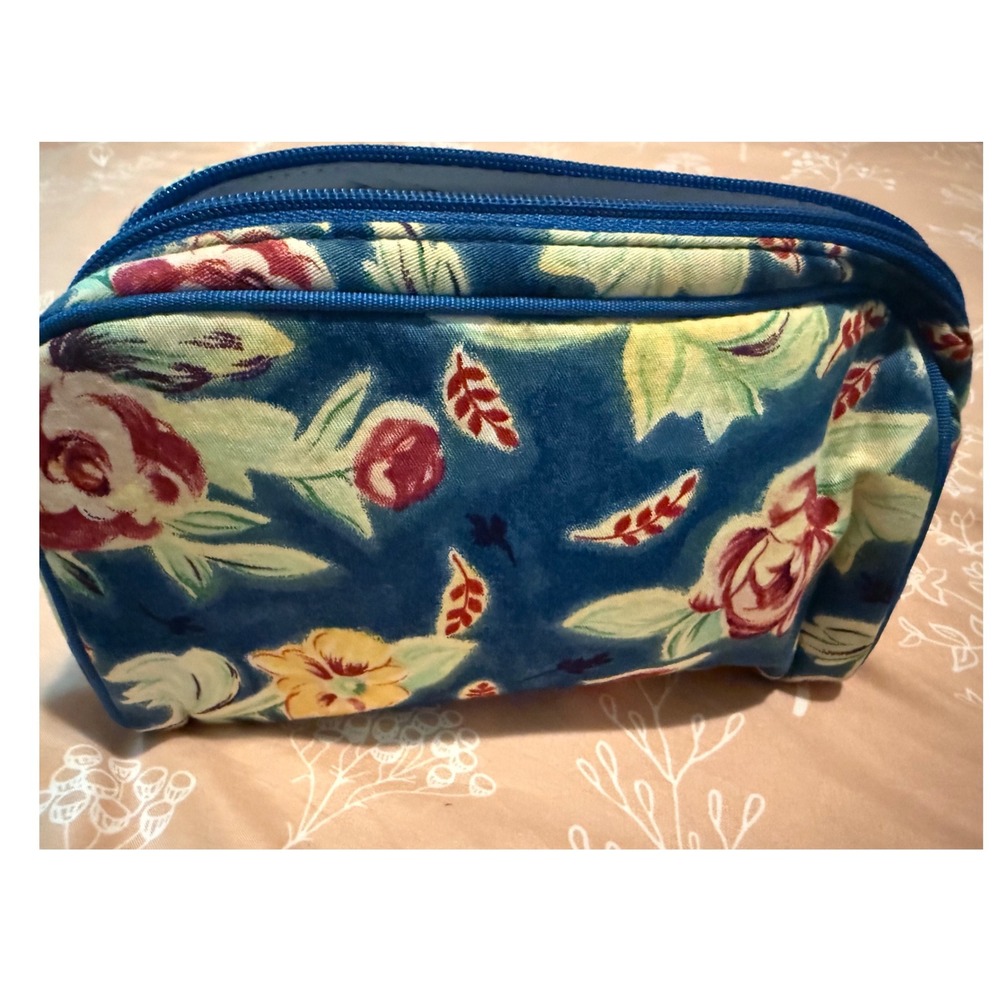 Adrienne Vittadini Floral Blue Velvet Cosmetic Bag Makeup Pouch Travel Case
